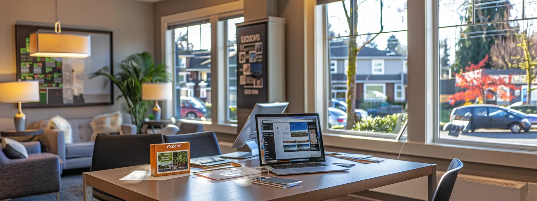 a bright and bustling real estate office in oregon showcases a focused agent analyzing market trends on a sleek laptop, surrounded by vibrant promotional materials and strategic plans for selling homes efficiently amid relocation.
