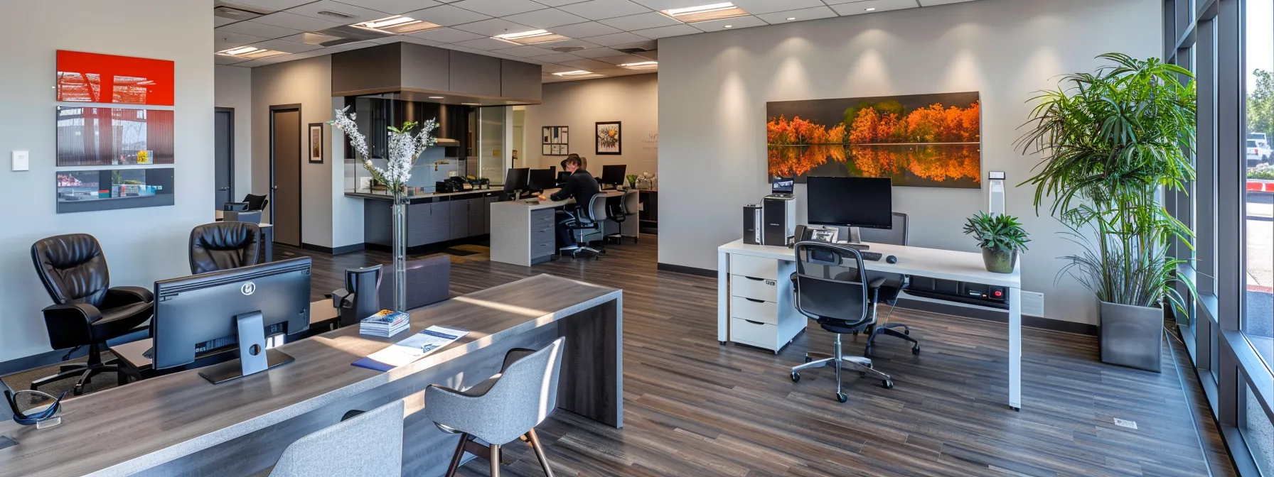 a busy real estate office filled with engaged agents consulting over a large property title document, highlighting discussions about potential title issues and solutions, set against a backdrop of modern office decor and technology.