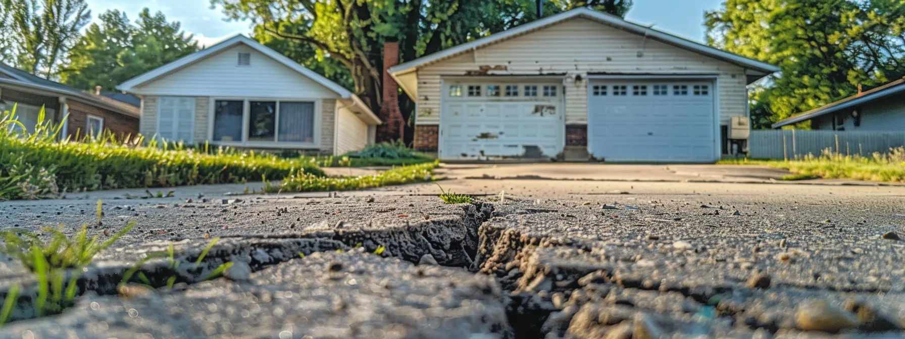 a close-up view of a residential home's exterior, showcasing noticeable cracks in the foundation and shifting concrete, with a backdrop of a well-maintained suburban neighborhood, highlighting the crucial signs of potential structural issues in the housing market.