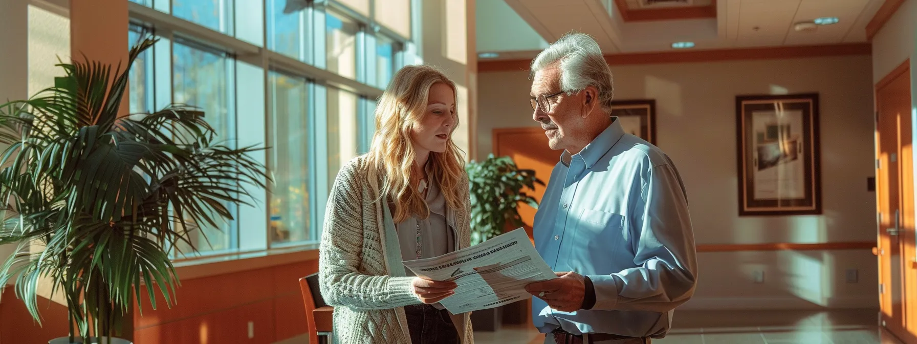 a concerned homeowner stands in a modern, well-lit office conference room, intently reviewing foreclosure documents alongside a financial advisor, highlighting the emotional weight and urgency of understanding the foreclosure process in oregon.