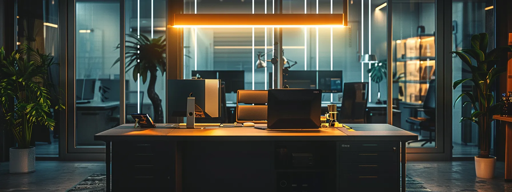 a contemporary office space is illuminated by bright, overhead lights, showcasing a sleek, modern desk with a detailed, transparent fire-damage disclosure document prominently displayed, capturing the essence of strategic real estate marketing for homeowners overcoming challenges in selling properties.
