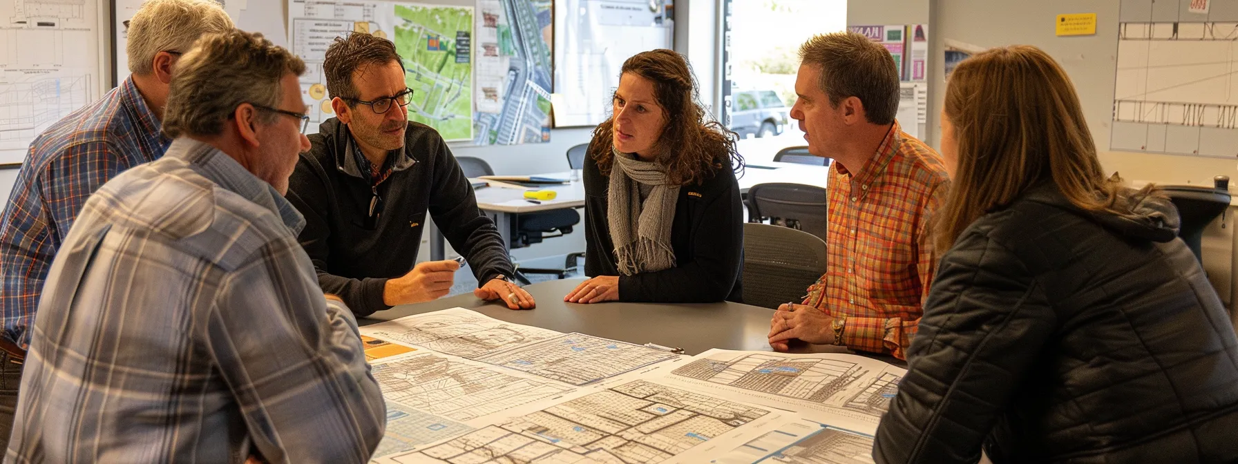 a detailed, urban office setting showcasing a diverse group of professionals engaging in a heated discussion, surrounded by blueprints and charts illustrating oregon's unique foundation issues, capturing the urgency and complexity of the real estate market.