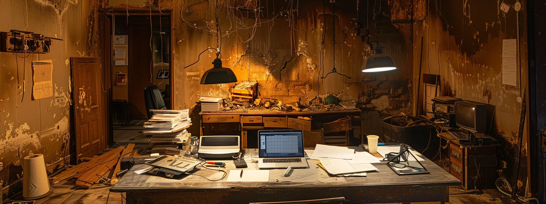 a dimly lit, visually striking office space featuring a distressed fire-damaged house in the foreground, with scattered repair tools, documents, and a laptop displaying market trends, creating an atmosphere of urgent decision-making amidst the complexities of real estate evaluation.