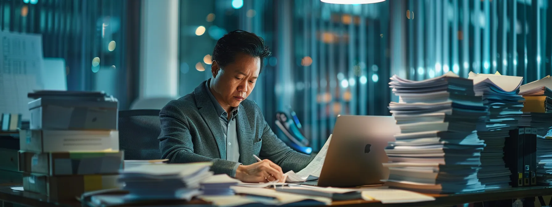a focused and analytical business professional reviews financial documents in a sleek office environment, surrounded by stacks of paperwork and a laptop, embodying the diligence required to navigate the complexities of a foreclosure sale.