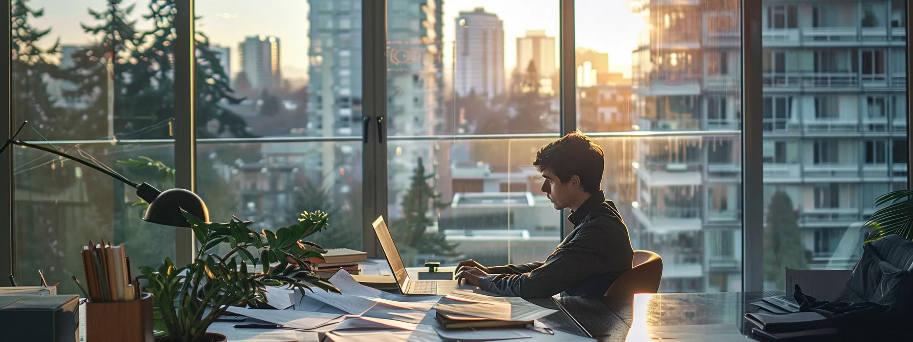 a focused individual sits at a sleek, modern office desk surrounded by financial documents and a laptop, deep in contemplation over a house sale agreement, with a large window showcasing a bustling oregon cityscape in the background.