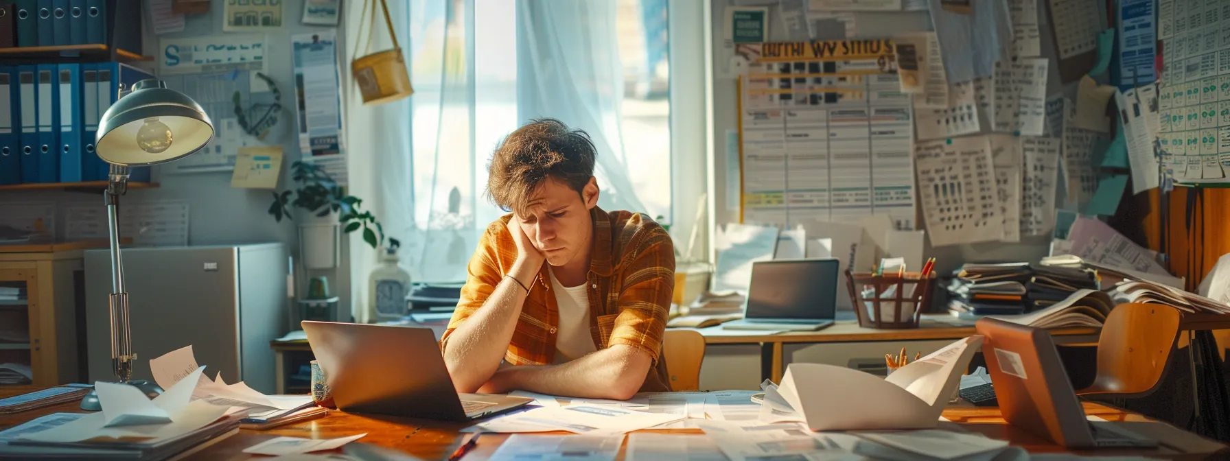a focused office scene features a stressed individual sitting at a cluttered desk, surrounded by foreclosure documents and a laptop, while a large, informative chart on the wall outlines the steps to navigating the challenges of selling a house in foreclosure.