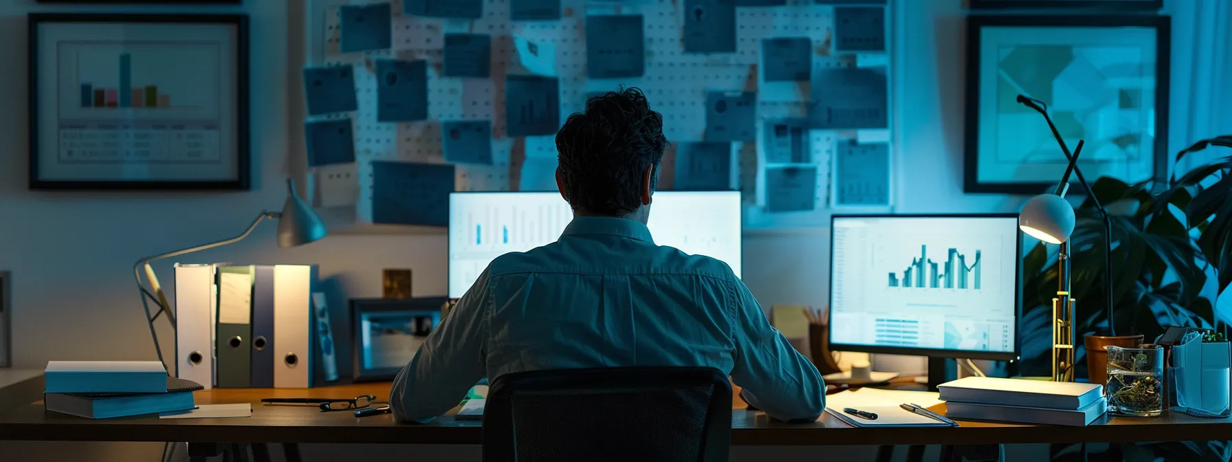 a focused urban office scene depicts a confident real estate agent reviewing detailed market analysis charts on a sleek desk, surrounded by binders and digital devices, emphasizing strategic decisions to expedite the sale of foreclosure properties.