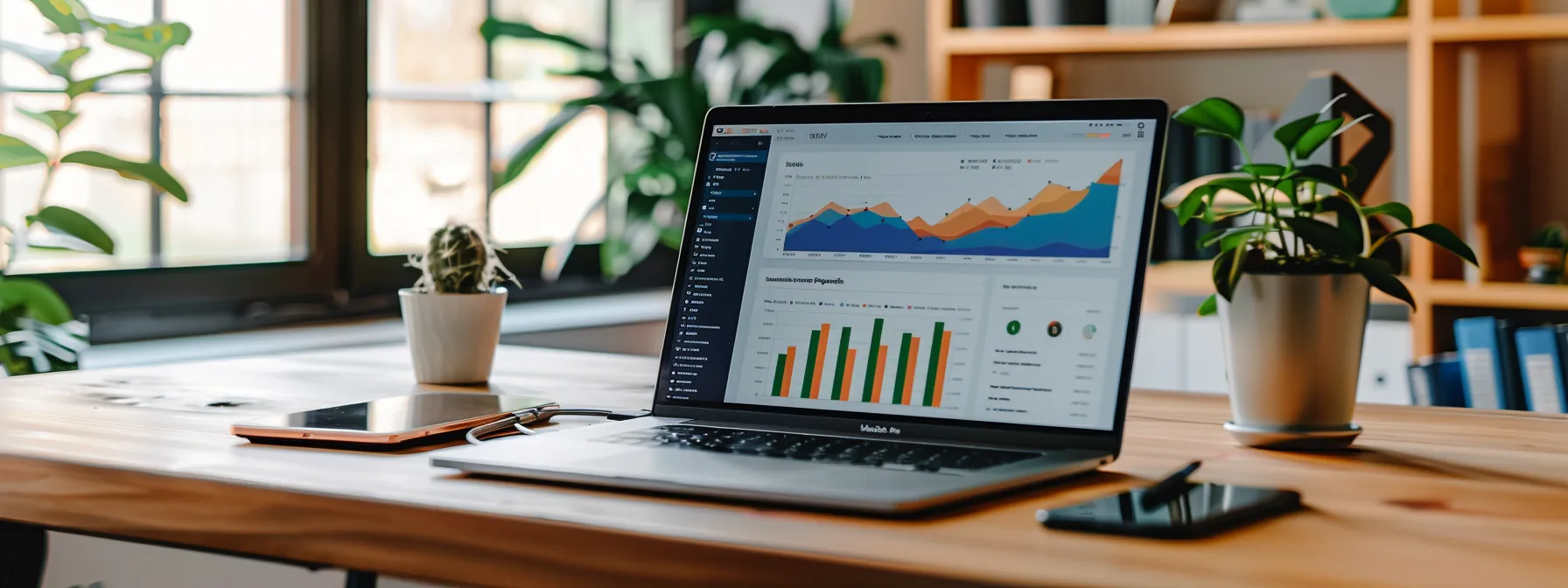 a modern office space showcases a sleek desk with a laptop open to a colorful real estate market analysis dashboard, while a whiteboard in the background lists competitive pricing strategies and marketing ideas, emphasizing the importance of strategic relisting for expired property listings in oregon.