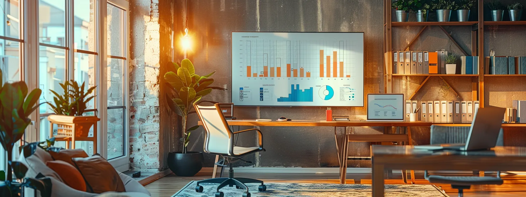 a modern real estate office features an informed agent analyzing a detailed report on a property with visible foundation issues, surrounded by market trend charts and calculating repair costs on a sleek digital tablet.