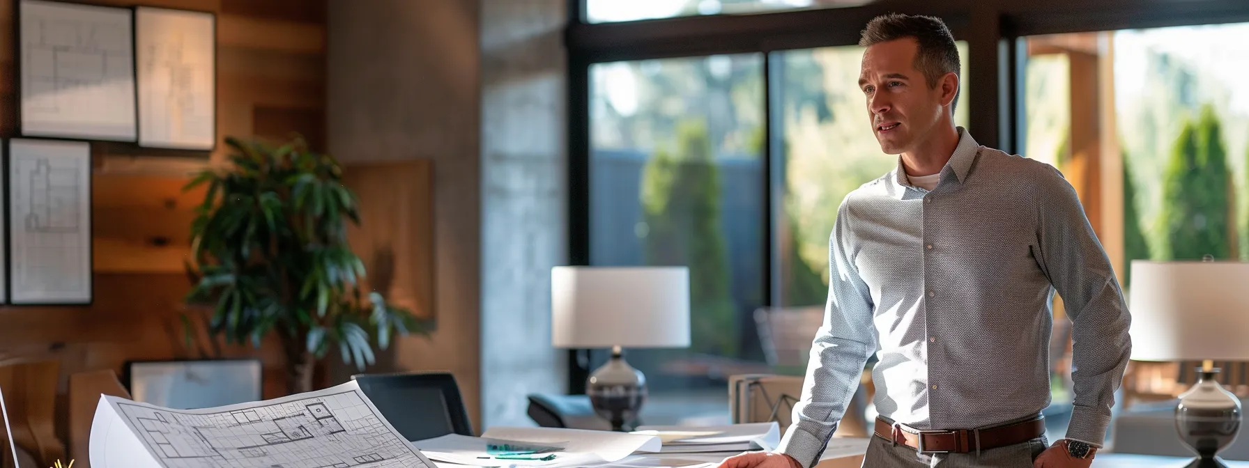 a professional real estate agent stands confidently in a modern oregon office, surrounded by blueprints and property listings, engaged in a focused discussion about overcoming foundation issues with a concerned client.