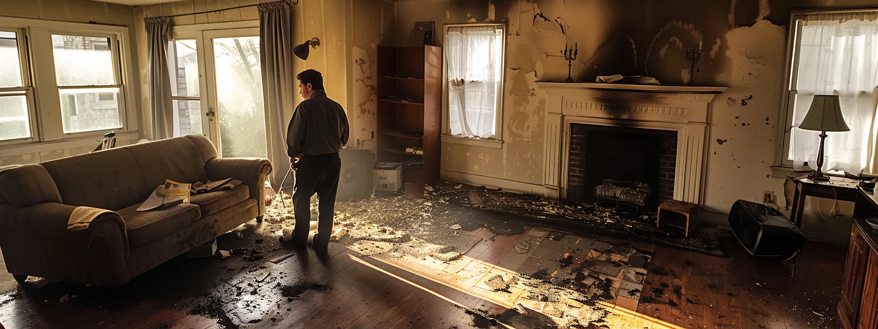 a professional real estate agent stands in a dimly-lit, partially renovated living room of a fire-damaged house, engaging a concerned buyer with visual aids about safety improvements and insurance claims, backed by stark shadows and warm artificial lighting that highlights the stark contrast between damaged and restored areas.
