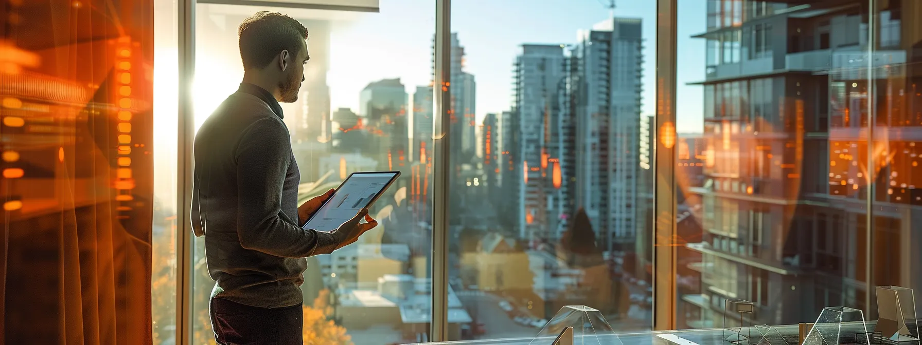 a sharply focused urban office setting features a professional surveying a vibrant digital market report on a sleek tablet, surrounded by architectural models and a large window showcasing the city skyline, emphasizing the dynamic real estate landscape in oregon.