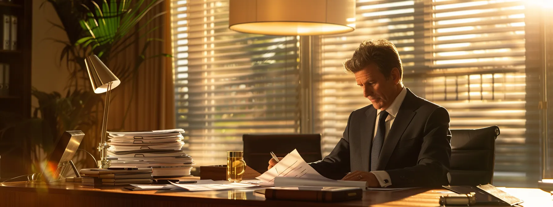 a sleek, contemporary office setting features a focused real estate agent reviewing property documents on a modern desk, conveying a sense of professionalism and urgency in addressing the complexities of selling a home with an outdated mortgage.