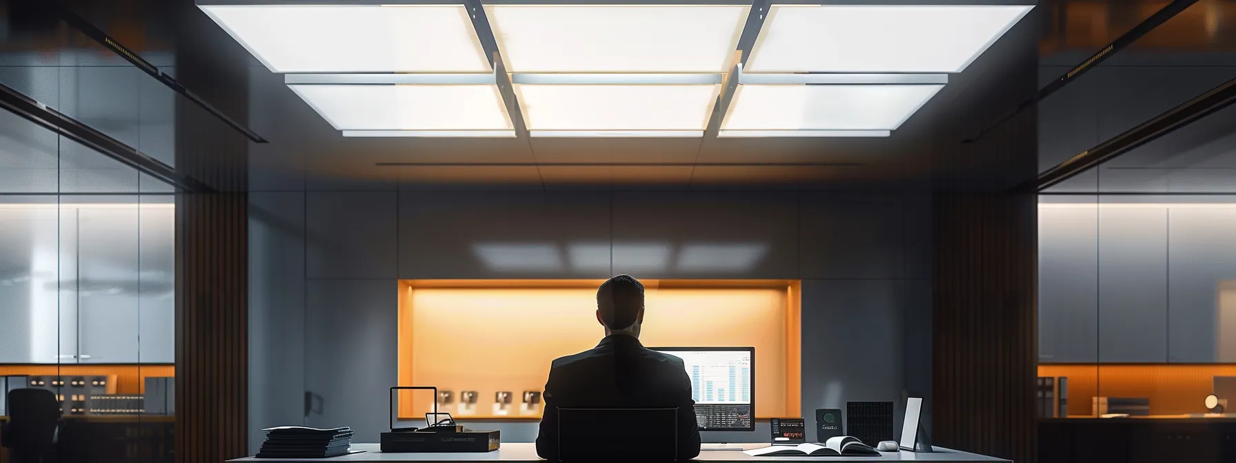 a sleek, modern office space showcases a focused individual analyzing financial documents and graphs on a tablet, illuminated by bright overhead lights, emphasizing the importance of evaluating one's financial position in a sophisticated real estate transaction.