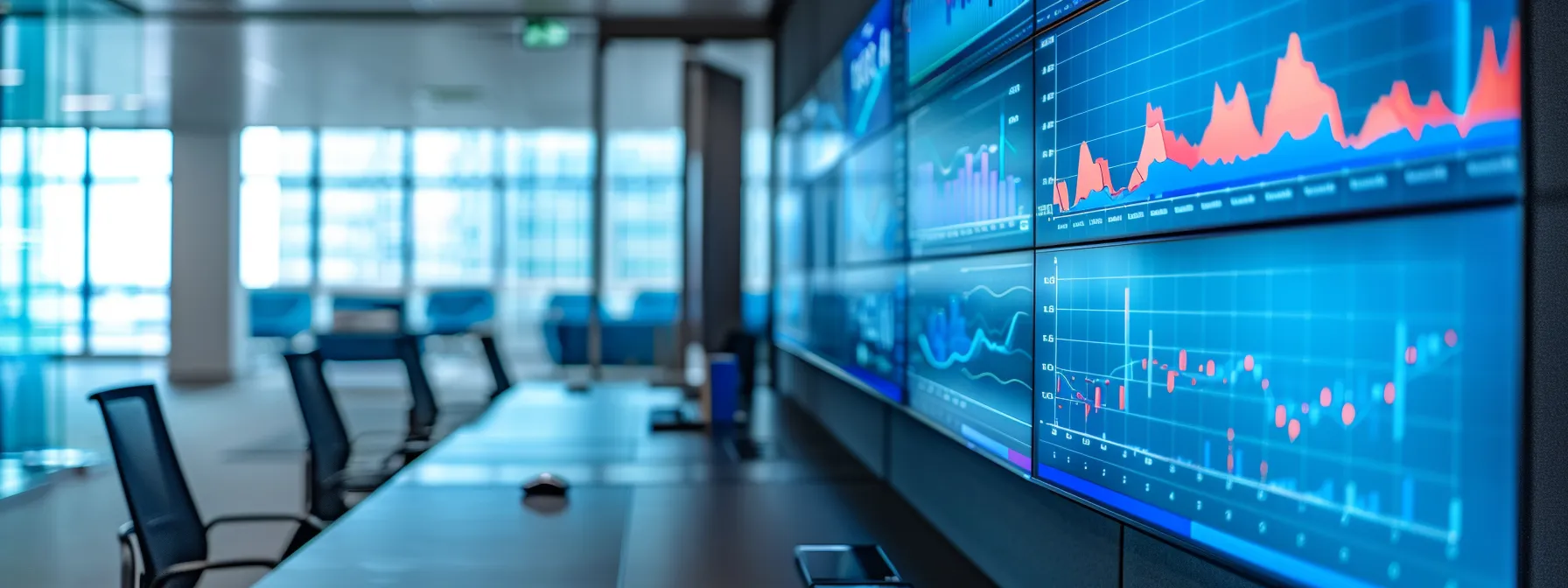 a sleek, modern office space features a large digital screen displaying vibrant graphs and charts illustrating oregon's real estate market trends, with a neatly arranged conference table and contemporary decor in the background.