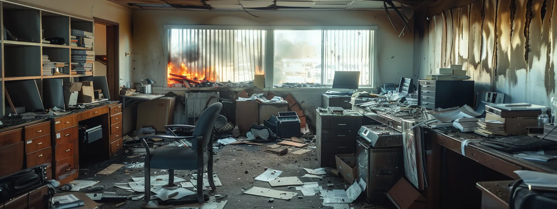 a stark, dimly lit office environment features a heavily damaged property, with boarded-up windows and charred furniture, as a concerned homeowner documents the devastation, preparing to engage with insurance and restoration experts amidst a backdrop of urgency and concern.