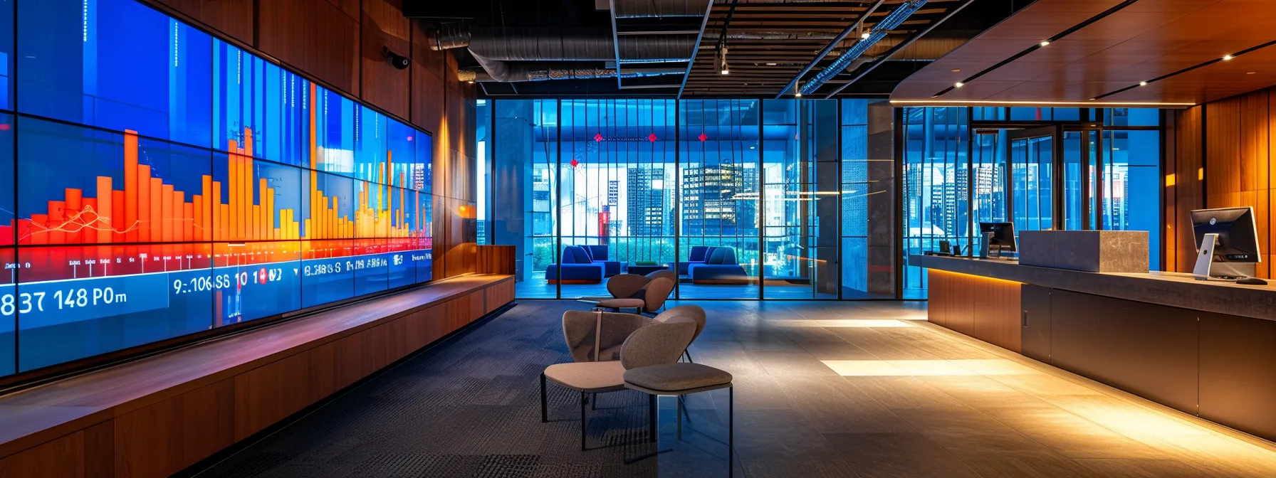 a stark, modern office setting features a large digital display of fire-damaged properties, with vibrant graphs and comparative pricing strategies illuminated on sleek screens, emphasizing the complexities of the real estate market in an urban environment.